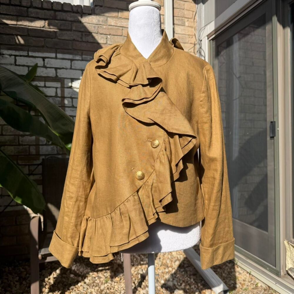 Mise en Scène By Ruffian Bias Cut Gold Blazer Jacket Asymmetric Ruffles MED